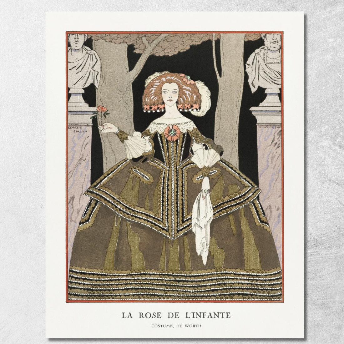 Die Rose Des Infantin-Kostüms Von Worth Aus Der Gazette Du Bon Ton. Art-Modes & Frivolites Nr. 8 George Barbier drucken auf lein