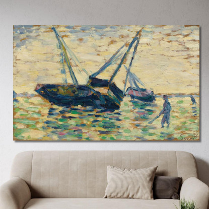 Tre Barche E Un Marinaio Studiano Per La Spiaggia A Grandcamp Georges Seurat gsr85 quadro stampato su tela