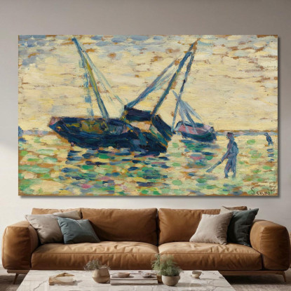 Tre Barche E Un Marinaio Studiano Per La Spiaggia A Grandcamp Georges Seurat gsr85 quadro stampato su tela
