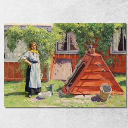 Ragazza Vicino A Un Pozzo Accanto A Una Casa Svedese In Legno Dipinta Di Rosso Paul Fischer pfs22 quadro stampato su tela
