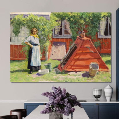 Ragazza Vicino A Un Pozzo Accanto A Una Casa Svedese In Legno Dipinta Di Rosso Paul Fischer pfs22 quadro stampato su tela