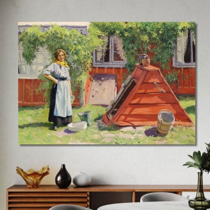 Ragazza Vicino A Un Pozzo Accanto A Una Casa Svedese In Legno Dipinta Di Rosso Paul Fischer pfs22 quadro stampato su tela