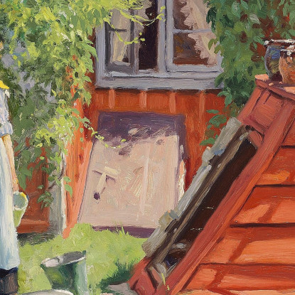 Ragazza Vicino A Un Pozzo Accanto A Una Casa Svedese In Legno Dipinta Di Rosso Paul Fischer pfs22 quadro stampato su tela