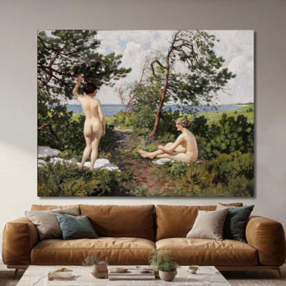 Due Ragazze Che Fanno Il Bagno In Un Boschetto Sulla Costa Di Hornbæk Paul Fischer pfs31 quadro stampato su tela