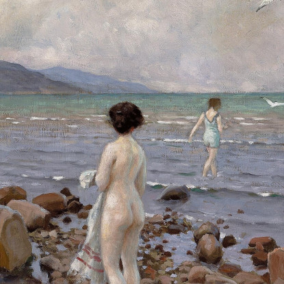 Due Ragazze Che Fanno Il Bagno Su Una Spiaggia Rocciosa Paul Fischer pfs32 quadro stampato su tela