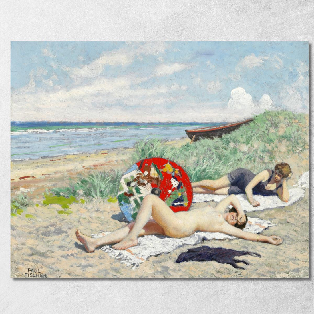 Due Ragazze E Un Ombrellone Giapponese Sulla Spiaggia Di Hornbæk Paul Fischer pfs33 quadro stampato su tela