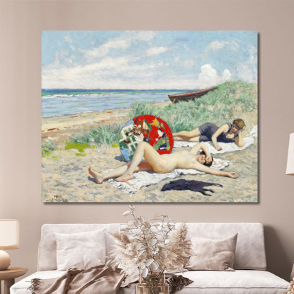 Due Ragazze E Un Ombrellone Giapponese Sulla Spiaggia Di Hornbæk Paul Fischer pfs33 quadro stampato su tela
