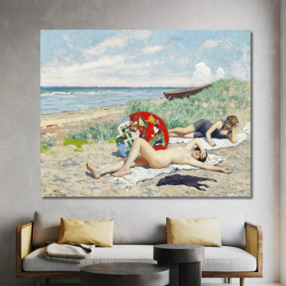 Due Ragazze E Un Ombrellone Giapponese Sulla Spiaggia Di Hornbæk Paul Fischer pfs33 quadro stampato su tela