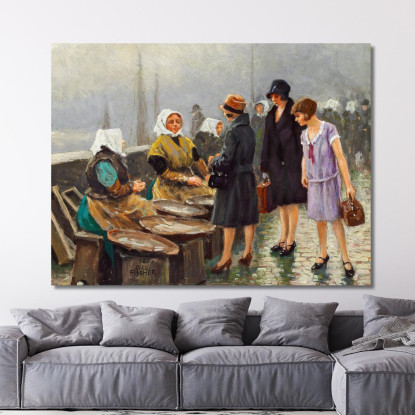 Tre Giovani Donne Comprano Pesce Fresco A Gammel Strand Paul Fischer pfs35 quadro stampato su tela