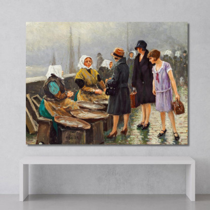 Tre Giovani Donne Comprano Pesce Fresco A Gammel Strand Paul Fischer pfs35 quadro stampato su tela
