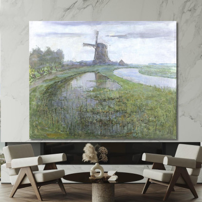 Mulino Oostzijdse Lungo Il Fiume Gein Al Chiaro Di Luna Piet Mondrian pmn53 quadro stampato su tela