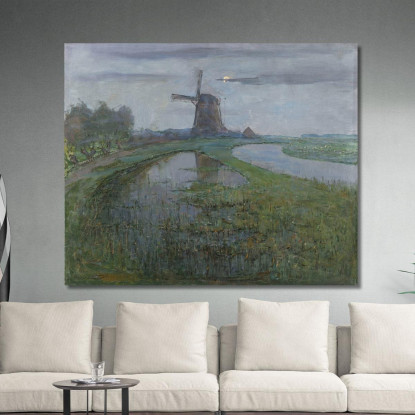 Mulino Oostzijdse Lungo Il Fiume Gein Al Chiaro Di Luna 2 Piet Mondrian pmn54 quadro stampato su tela