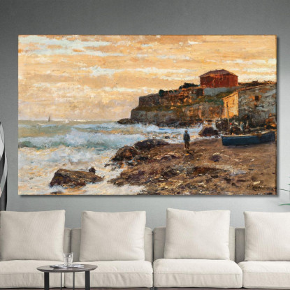 Una Barca Da Pesca Sulla Spiaggia Al Tramonto Alfred Zoff azf2 quadro stampato su tela