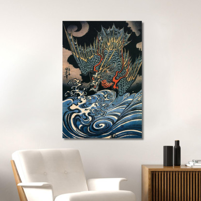Drago Che Vola Sopra Onde Turbolente Utagawa Kuniyoshi ukn8 quadro stampato su tela