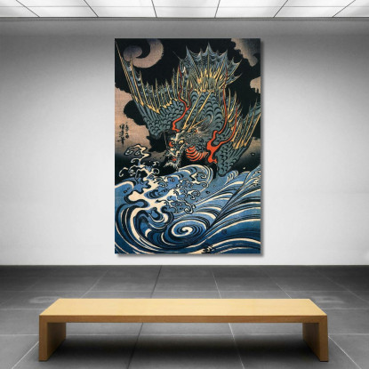 Drago Che Vola Sopra Onde Turbolente Utagawa Kuniyoshi ukn8 quadro stampato su tela