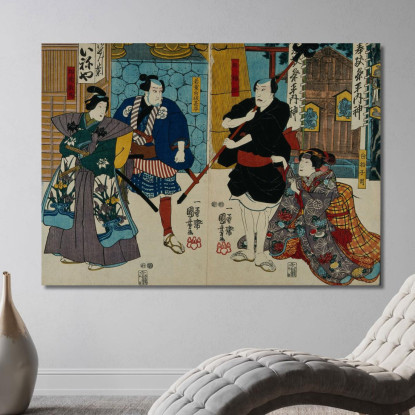 Quattro Attori In Un Santuario Due Come Servi O Inservienti Utagawa Kuniyoshi ukn10 quadro stampato su tela