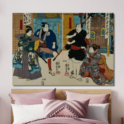 Quattro Attori In Un Santuario Due Come Servi O Inservienti Utagawa Kuniyoshi ukn10 quadro stampato su tela