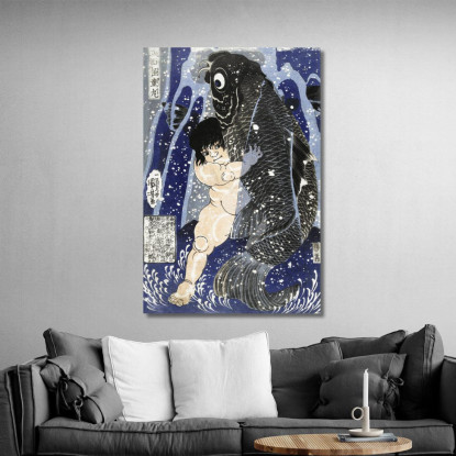 Kintaro Lotta Con La Carpa Utagawa Kuniyoshi ukn18 quadro stampato su tela