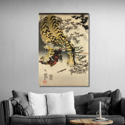 Stampa Trittico Xilografica Oban Tate-E. Koxinga Attacca Un'Enorme Tigre Utagawa Kuniyoshi ukn45 quadro stampato su tela
