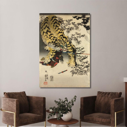Stampa Trittico Xilografica Oban Tate-E. Koxinga Attacca Un'Enorme Tigre Utagawa Kuniyoshi ukn45 quadro stampato su tela