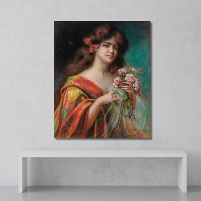 Ritratto Di Una Signora In Vestaglia Che Tiene In Mano Delle Rose Delphin Enjolras dej30 quadro stampato su tela