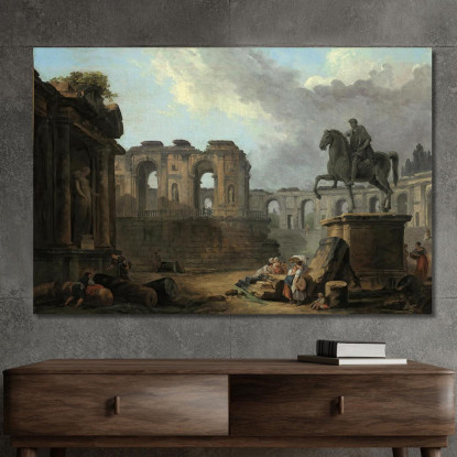 Capriccio Romano Con Lavandaie Presso La Statua Di Marco Aurelio Hubert Robert hrb13 quadro stampato su tela