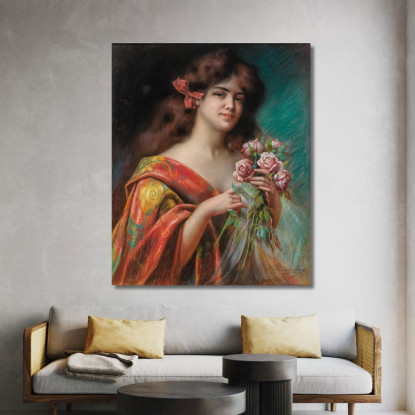 Ritratto Di Una Signora In Vestaglia Che Tiene In Mano Delle Rose Delphin Enjolras dej30 quadro stampato su tela