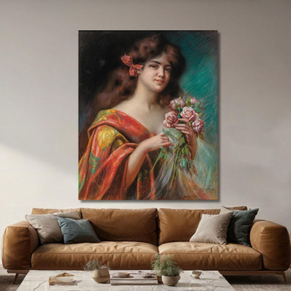 Ritratto Di Una Signora In Vestaglia Che Tiene In Mano Delle Rose Delphin Enjolras dej30 quadro stampato su tela