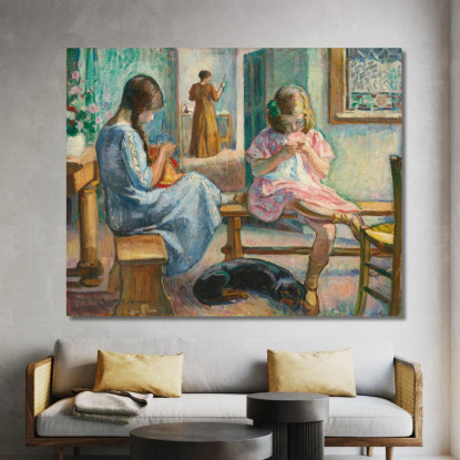 Marthe E Nono Cuciono In Un Interno Henri Lebasque hlb44 quadro stampato su tela