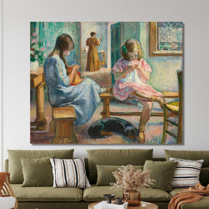Marthe E Nono Cuciono In Un Interno Henri Lebasque hlb44 quadro stampato su tela